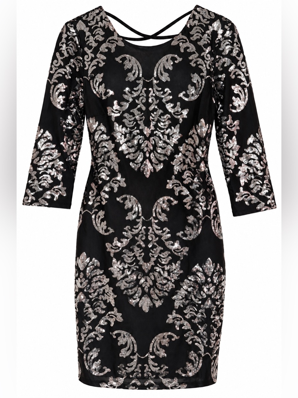 B Darlin Black Midi Dress with Silver Sequin Damask Design